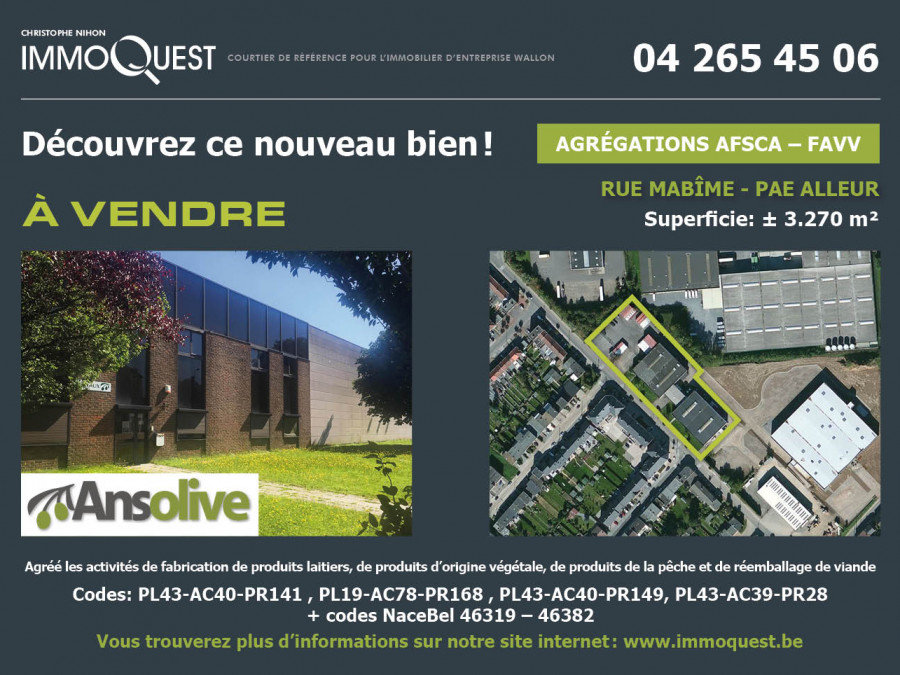 Bâtiment avec agrégations AFSCA - agro-alimentaire à vendre à Alleur LIEGE
